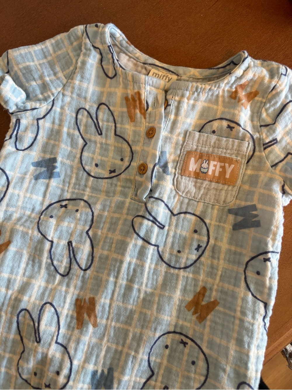 miffy Light Blue Grid Romper with Navy Bunny Sketches and Tan Accents